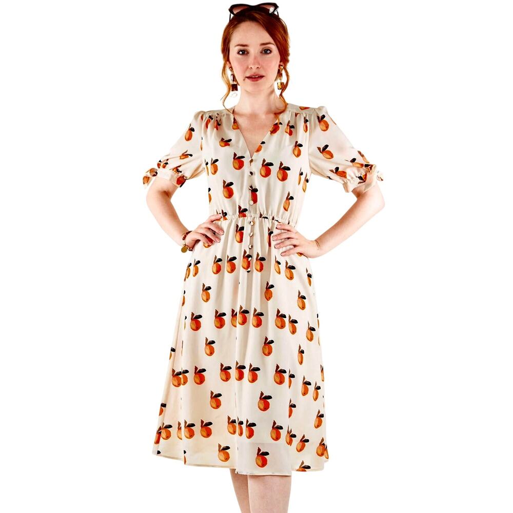 Voodoo Vixen Zaria Midi Dress Peach Print Ivory Puffed Sleeve Retro 40's Look S